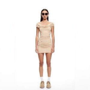 Lioness Monaco Mini Dress Off-Shoulder Stretchy Bodycon - beige/tan